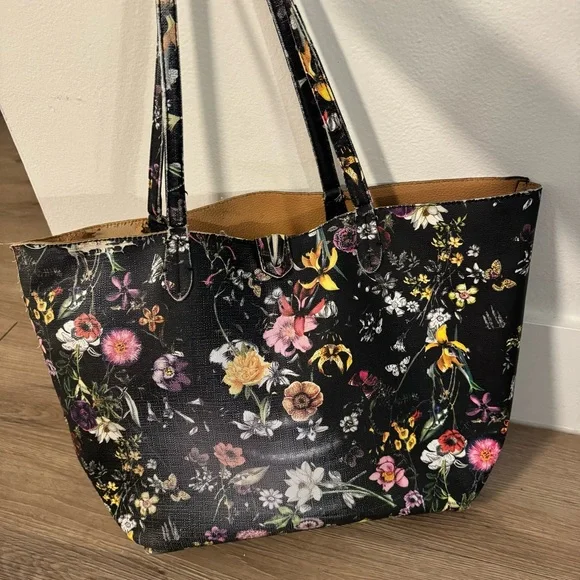 *read description* Black Multicolor Floral Large Tote Bag Work Beach Travel - Picture 5 of 8